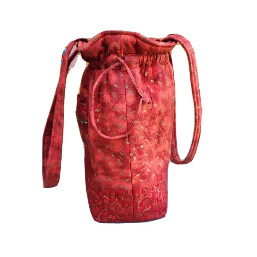 VTG Quilted Red Brick Tie-Dye Drawstring Multi Pocket Arts & Craft Cotton Bag